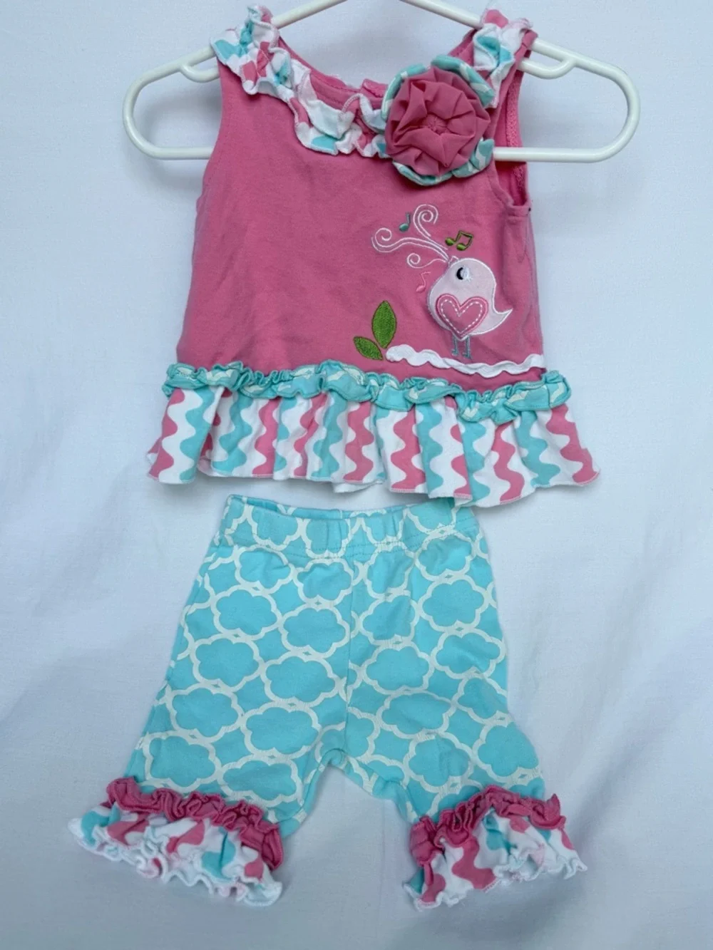 6 MTH Baby Essentials Pink and Aqua Ruffle Two-Piece Set